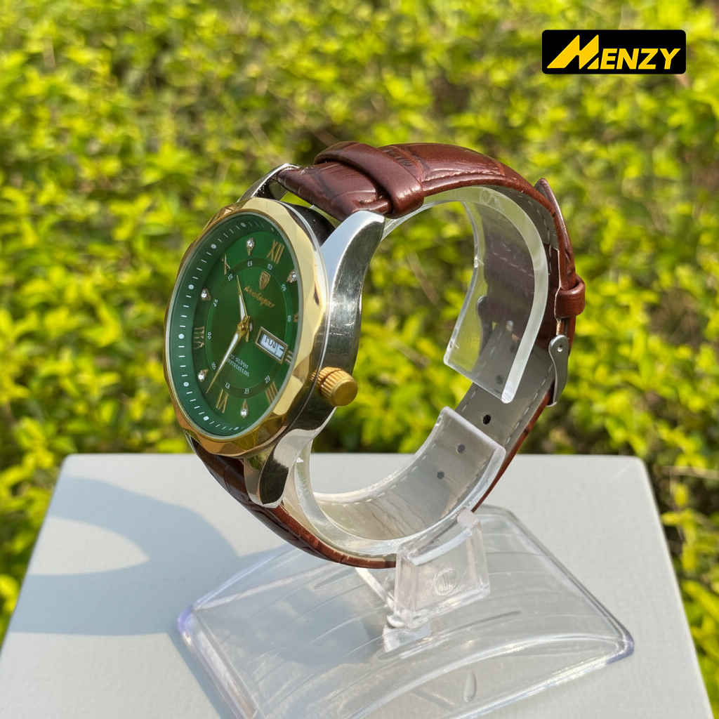 POEDAGAR 615 Leather Quartz Luxury Business Wristwatch for Men – Date & Day Display Emerled image 3