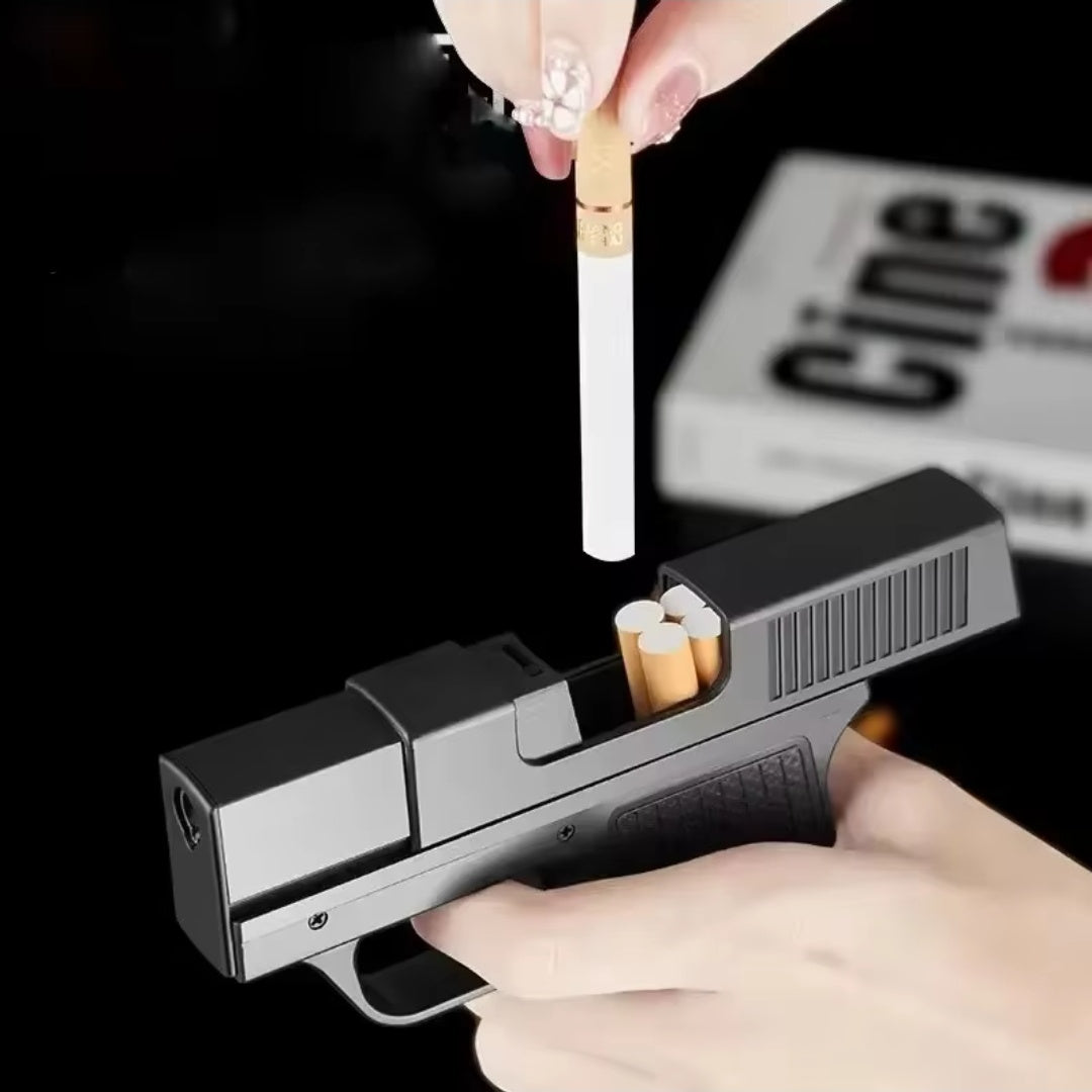 2-in-1 Gun Shaped Lighter & Cigarette Box – Windproof Jet Flame Butane Lighter for Camping, Hiking, Outdoor Use