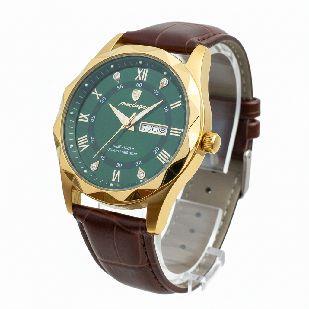POEDAGAR 615 Leather Quartz Luxury Business Wristwatch for Men – Date &amp; Day Display Emerled