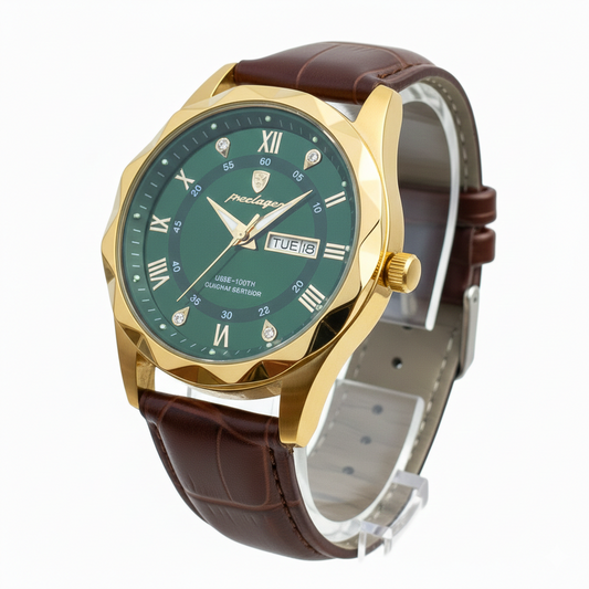 POEDAGAR 615 Leather Quartz Luxury Business Wristwatch for Men – Date &amp; Day Display Emerled