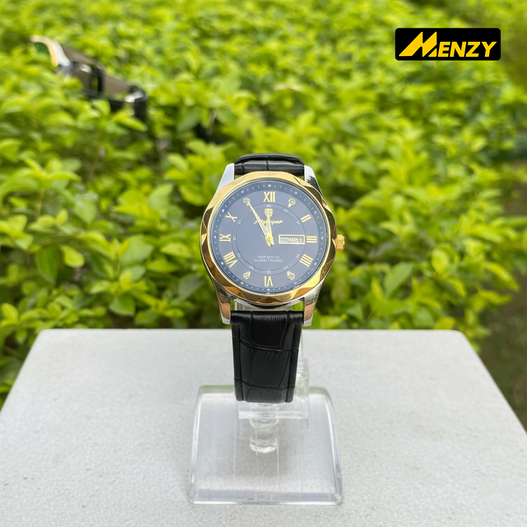 POEDAGAR 615 Leather Quartz Luxury Business Wristwatch for Men – Date &amp; Day Display Golden image 3