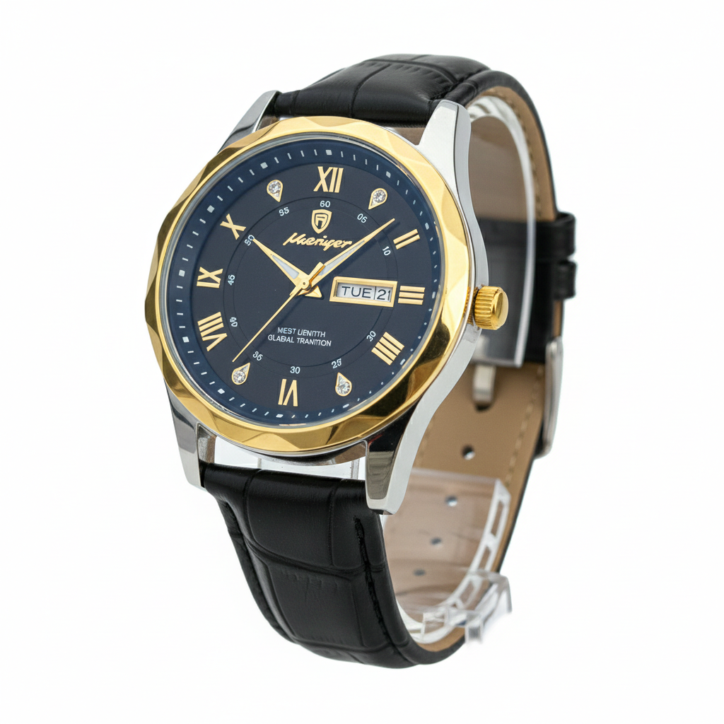 POEDAGAR 615 Leather Quartz Luxury Business Wristwatch for Men – Date &amp; Day Display Golden
