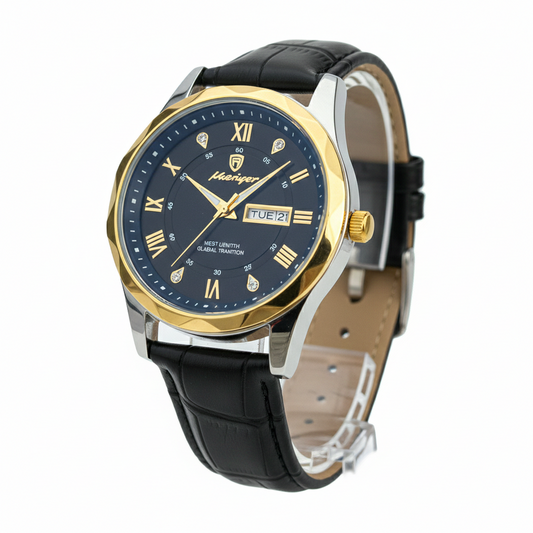 POEDAGAR 615 Leather Quartz Luxury Business Wristwatch for Men – Date &amp; Day Display Golden