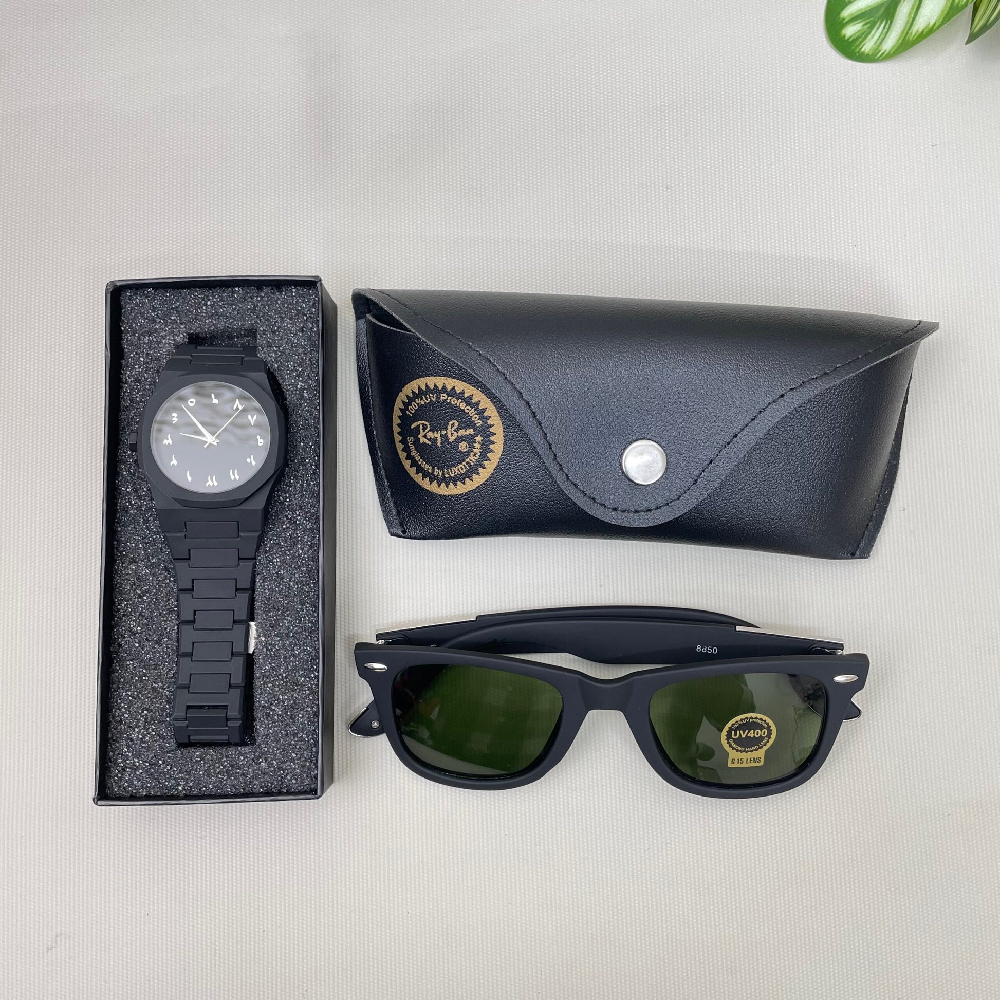 Arabic Aura Watch &amp; Matte Black Sunglass Combo Offer (WBlack)