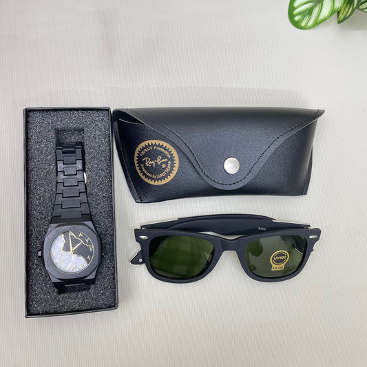 Arabic Aura Watch &amp; Matte Black Sunglass Combo Offer (Gold)