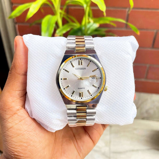 Citizen White Dial Silver Golden Mix Colour Stainless Steel Chain Watch for Men (40mm Quartz)
